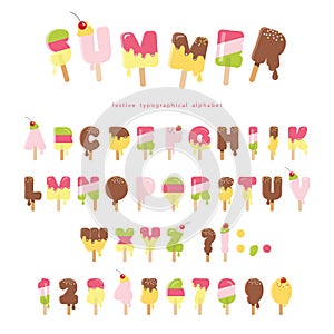 Ice cream melted font. Popsicle colorful letters and numbers can be used for summer design. on white.