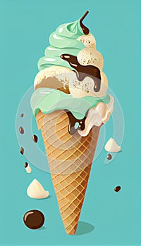 Ice cream and melting chocolate on top with a waffle cone. Vertical illustration. AI generative