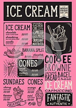 Ice cream menu restaurant, dessert food template.