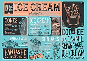 Ice cream menu restaurant, dessert food template.