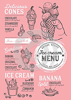 Ice cream menu restaurant, dessert food template.