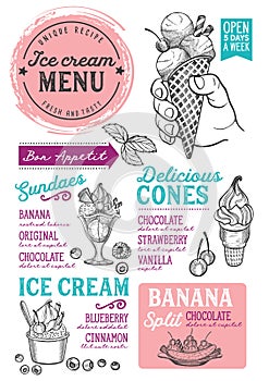 Ice cream menu restaurant, dessert food template.