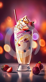 Ice cream milkshake with fruits and a cozy blur background