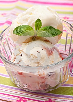 Ice cream with mint leaves in a glass