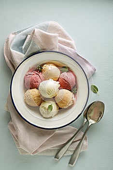 Ice cream with mixed fruit flavours and colours