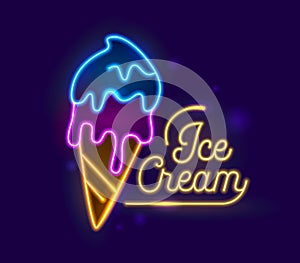 Ice Cream Neon Light Retro Banner Design. Icecream Dessert Night Illuminated Glowing Sign. Fruit Sundae in Cone Food