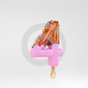 Ice cream number 4. Pink fruit popsicle font with caramel and sprinkles isolated on white background