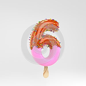 Ice cream number 6. Pink fruit popsicle font with caramel and sprinkles isolated on white background