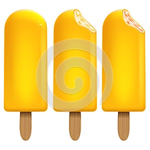 Ice cream orange fruit set on white background for Your business project. Realistic Snacks for ice cream from milk. Ice lolly.