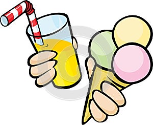 Ice cream and orange juice hold in hand - vector