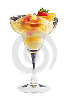 Ice-cream with orange, strawberry and lemon crumb over white background
