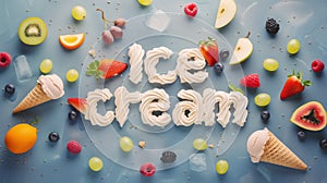 Ice cream party title text made from cream with ice cream wafle cones, fruits, berries, vanilla and cream brulee on