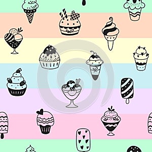 Ice cream pattern, rainbow summer seamless background