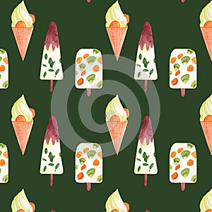 Ice cream pattern. Watercolor hand drawn elements: kiwi ice cream, mint popsicles. Summer background for decoration. Printable cli