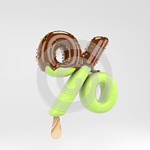 Ice cream percent symbol. Pistachio popsicle font with hot chocolate and sprinkles isolated on white background