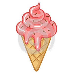 Ice Cream Pink Strawberry Waffle Cone Vector Illustration