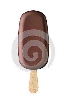 Ice cream popsicle with brown chocolate frosting isolated on white background