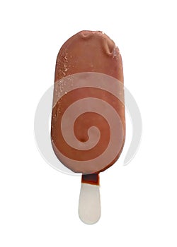 Ice cream, popsicle in brown chocolate, on a stick, top view isolated on a white background