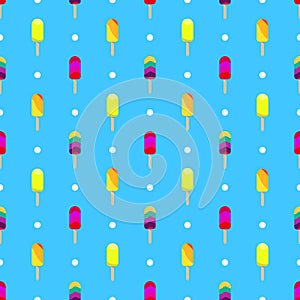 Ice cream or popsicle seamless retro vector pattern decorated with polka dots. Colorful summer desert - fruit ice lolly.