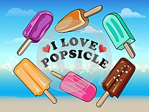 Ice cream popsicle sticks variety of sweet flavors. It\'s summer time for dessert menu. Vector illustration.