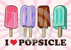 Ice cream popsicle sticks variety of sweet flavors. It\'s summer time for dessert menu. Vector illustration for poster.