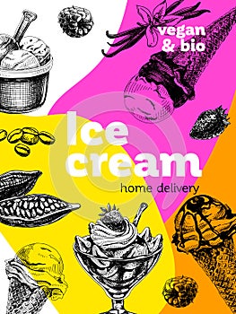 Ice cream poster, retro hand drawn vector illustration.