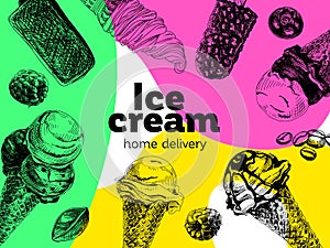 Ice cream poster, retro hand drawn vector illustration.