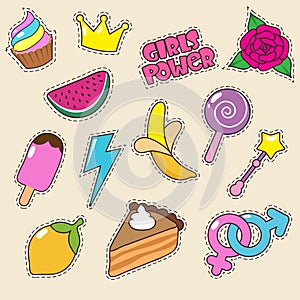 Ice cream, princess crown and candy lollipop stickers. Vector girl fashion patches