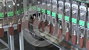 Ice cream production, chocolate coating process on ice cream, production line, dairy products.