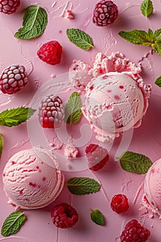 Ice Cream With Raspberries and Mint Leaves on Pink Surface
