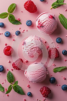 Ice Cream With Raspberries and Mint Leaves on Pink Surface