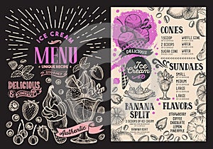 Ice cream restaurant menu on blackboard background. Vector dessert food flyer for bar and cafe. Design template with vintage hand