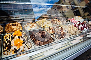 Ice cream in Rome, Italy. Italian gelateria. Ice-cream cafe, show window