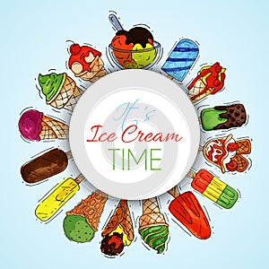 Ice cream round pattern summer natural fresh and cold sweet food vector illustration. Healthy homemade tasty dairy cone