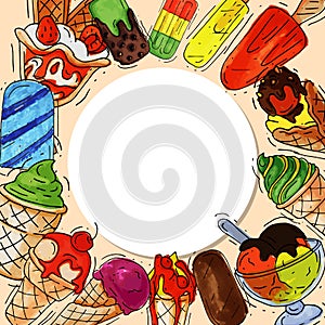 Ice cream round pattern summer natural fresh and cold sweet food vector illustration. Healthy homemade tasty dairy cone