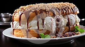 Ice cream sandwich: Fluffy bun embracing ice cream scoop, mix of warm softness and cool creaminess