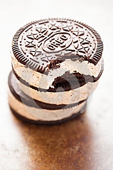 Ice cream sandwich Oreo - chocolate flavoured sandwich biscuits filled with vanilla flavour ice cream with crushed biscuit