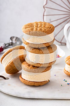 Ice cream sandwiches with vanilla ice cream and peanut butter cookies