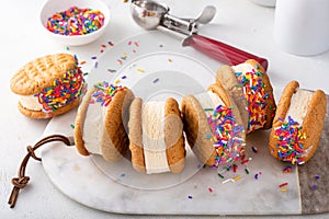 Ice cream sandwiches with vanilla ice cream and peanut butter cookies