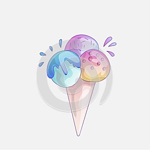 Ice cream scoop cartoon icon. Cute strawberry, bubble gum, orange scoops in ice cream cone, vector cartoon icon