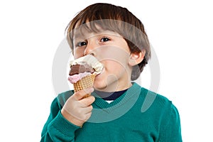 Ice cream scoop cone eating boy child kid summer isolated on white