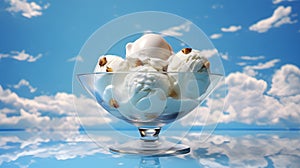 Ice cream scoop in front of blue sky. Summer holiday fresh frozen dessert in glass bowl. Vanilla white cream with