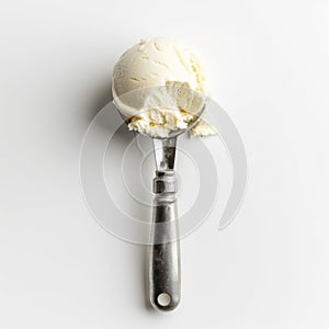 Ice cream scoop isolated on white background, top view image. Tasty vanilla desserts concept, closeup. Summer desserts