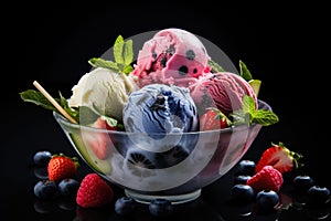 Ice cream scoops in bowl with fresh berries and mint on black background