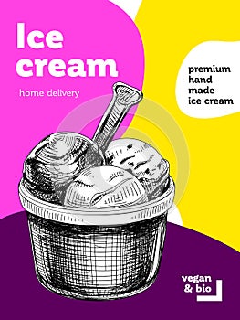 Ice cream scoops in bowl, retro hand drawn vector illustration.