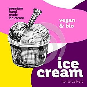 Ice cream scoops in bowl, retro hand drawn vector illustration.