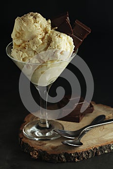 Ice cream scoops with chocolate in an ice cream bowl