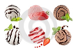 Ice cream scoops collection of six balls, decorated striped chocolate sauce, mint leaves, slice strawberry. Isolated on white back