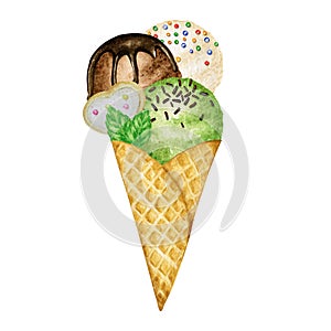 Ice-cream scoops decorated with chocolate in waffle cone tasty. Watercolor illustration isolated on white background