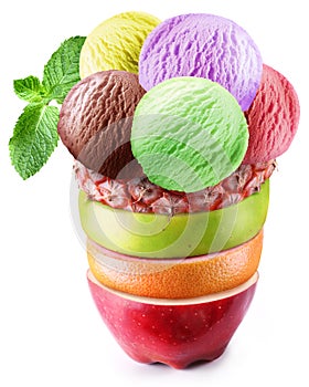 Ice-cream scoops in fruity glass.